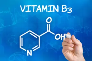 Niacinamide, vitamin B3, hand drawing of the molecular structure formula