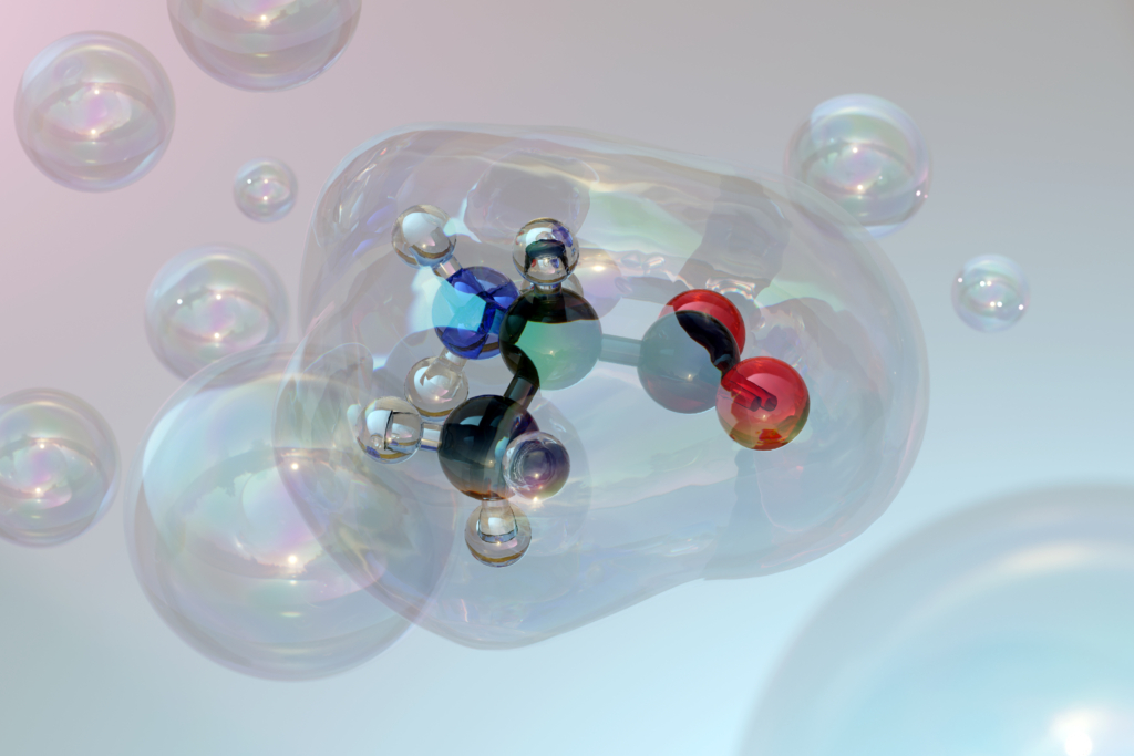 amino acid molecule. 3D rendering. Atoms are represented as spheres with conventional color coding: hydrogen (white), carbon (grey), oxygen (red), nitrogen (blue).