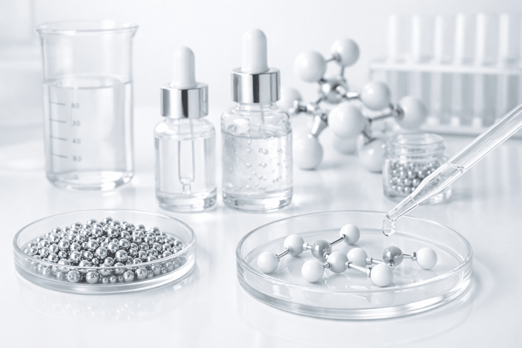 Eine Glaspipette mit einer Nahaufnahme von Kosmetikflüssigkeit vor grauem Hintergrund.