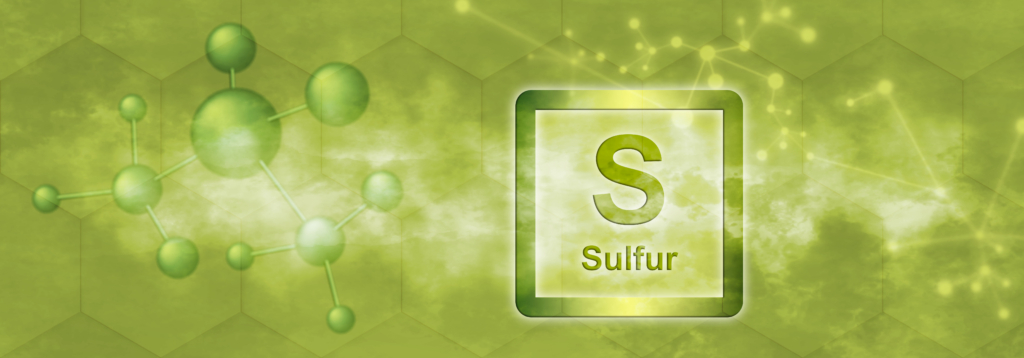 Das Symbol S. Das chemische Element Schwefel mit Molekül und Gitterstruktur auf gelbem Hintergrund
