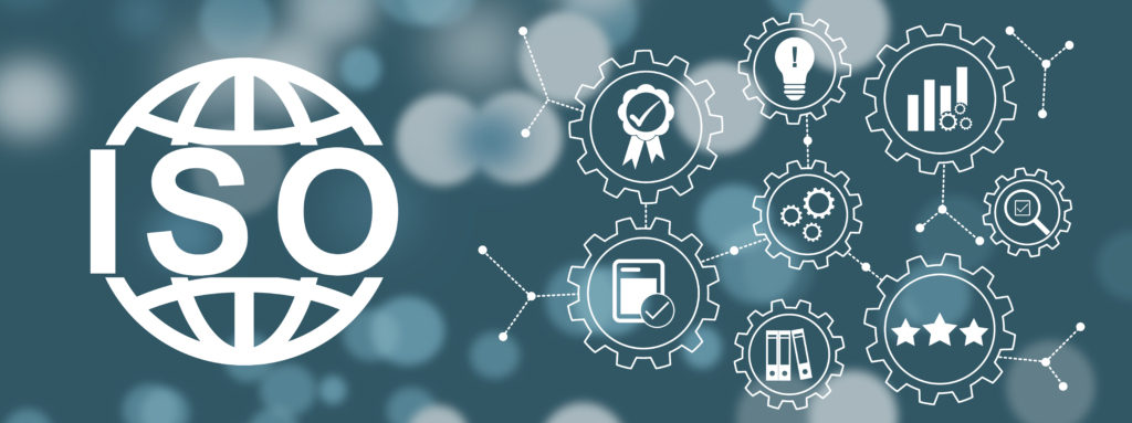 ISO Certification Standard Quality Control Concept. Concept of gear mechanism and gear wheel. ISO working concept with dark background.