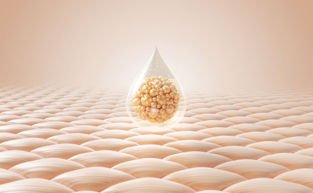 Kosmetikserum, Öltropfen auf einer Hautzelle, Hautregeneration, Feuchtigkeitscreme, Kollagenserum, Exosomen mit Hautzellen, 3D-Rendering.