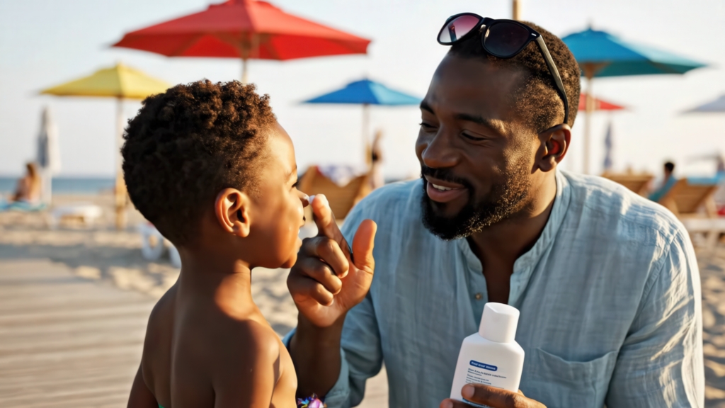 Ein Afroamerikaner cremt seinem Sohn am Strand sanft das Gesicht mit Sonnencreme ein, umgeben von bunten Sonnenschirmen und Liegestühlen in einer sonnigen Umgebung