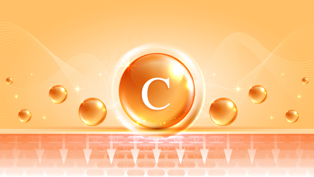 Vitamin C. Vitamin-C-Tropfen und Kollagencreme mit natürlichen Hautpflegvitaminen aus dem Serum. Natürliche Hautpflegekosmetik, die die Kollagenbildung anregt. Vektorgrafik.